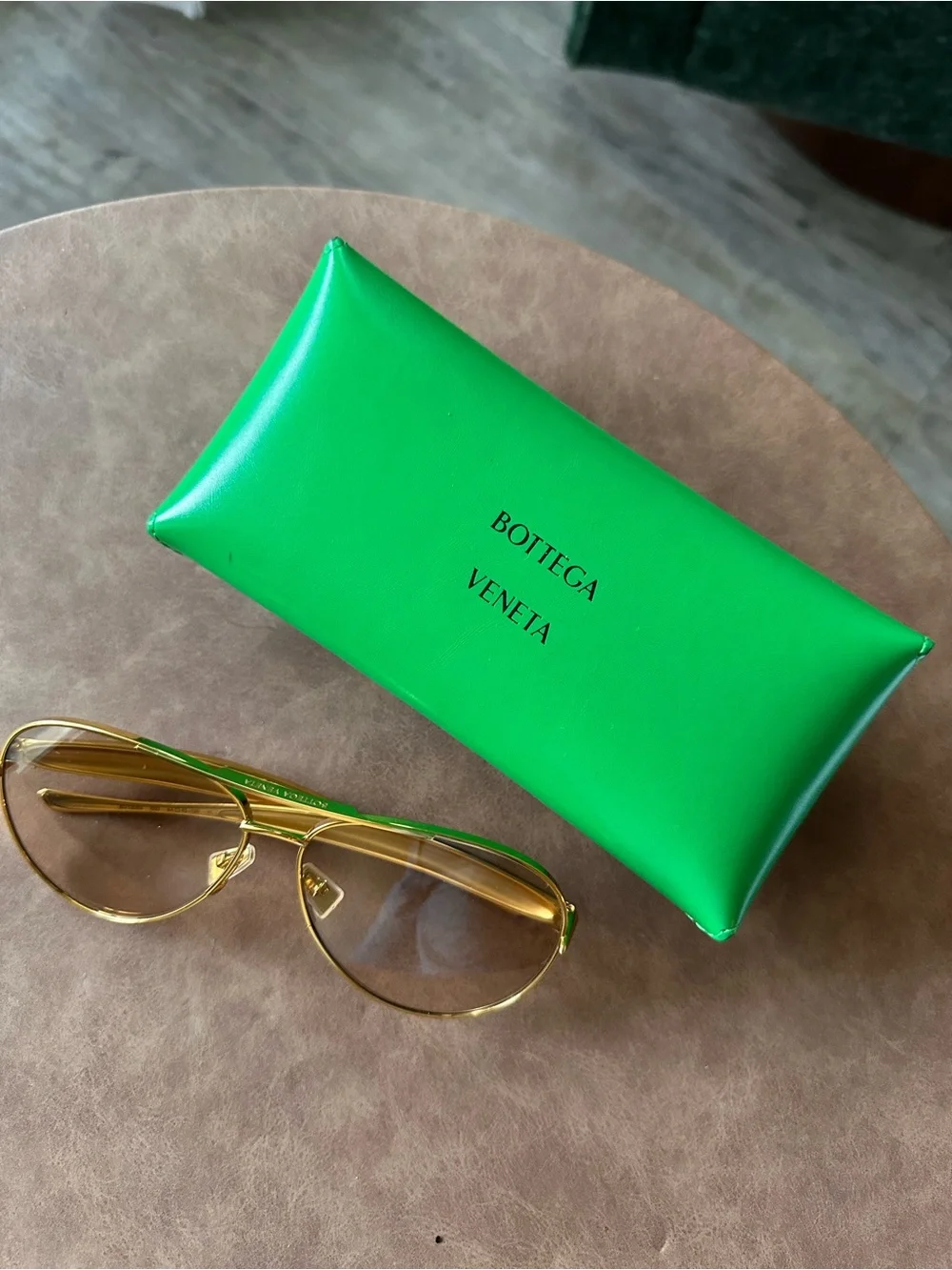 Bottega Veneta Gold Aviator Sunglasses with Green Case